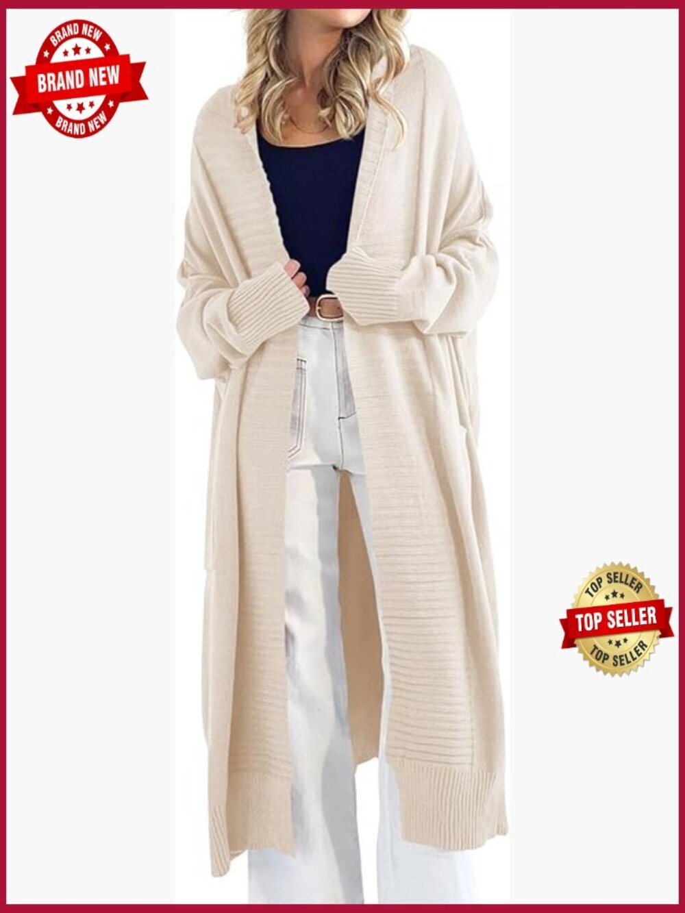 Oversized Chunky Knit Cardigan Open Front Long Sweater Coat with Pockets